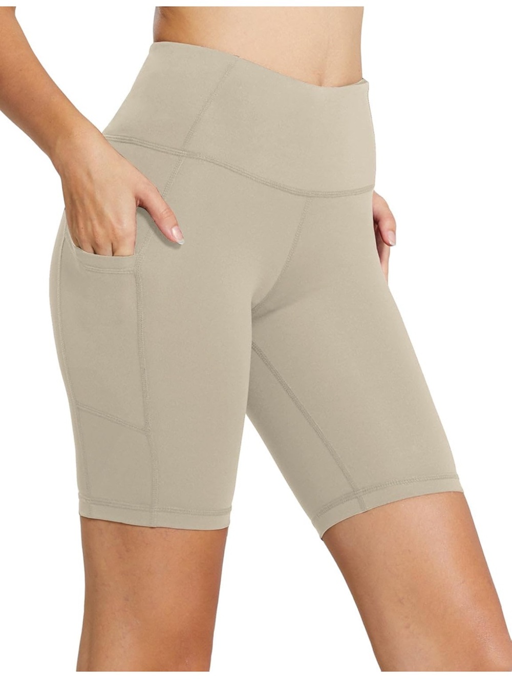 baleaf 8” khaki Women's High Waist Biker Shorts with 3 Pockets